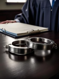 Kajdanki na stole sądowym symbolizujące środki zapobiegawcze w postępowaniu karnym.