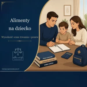 Alimenty na dziecko – wysokość, czas trwania i pozew. Ilustracja rodziców z dzieckiem przy stole z książkami i kalkulatorem.