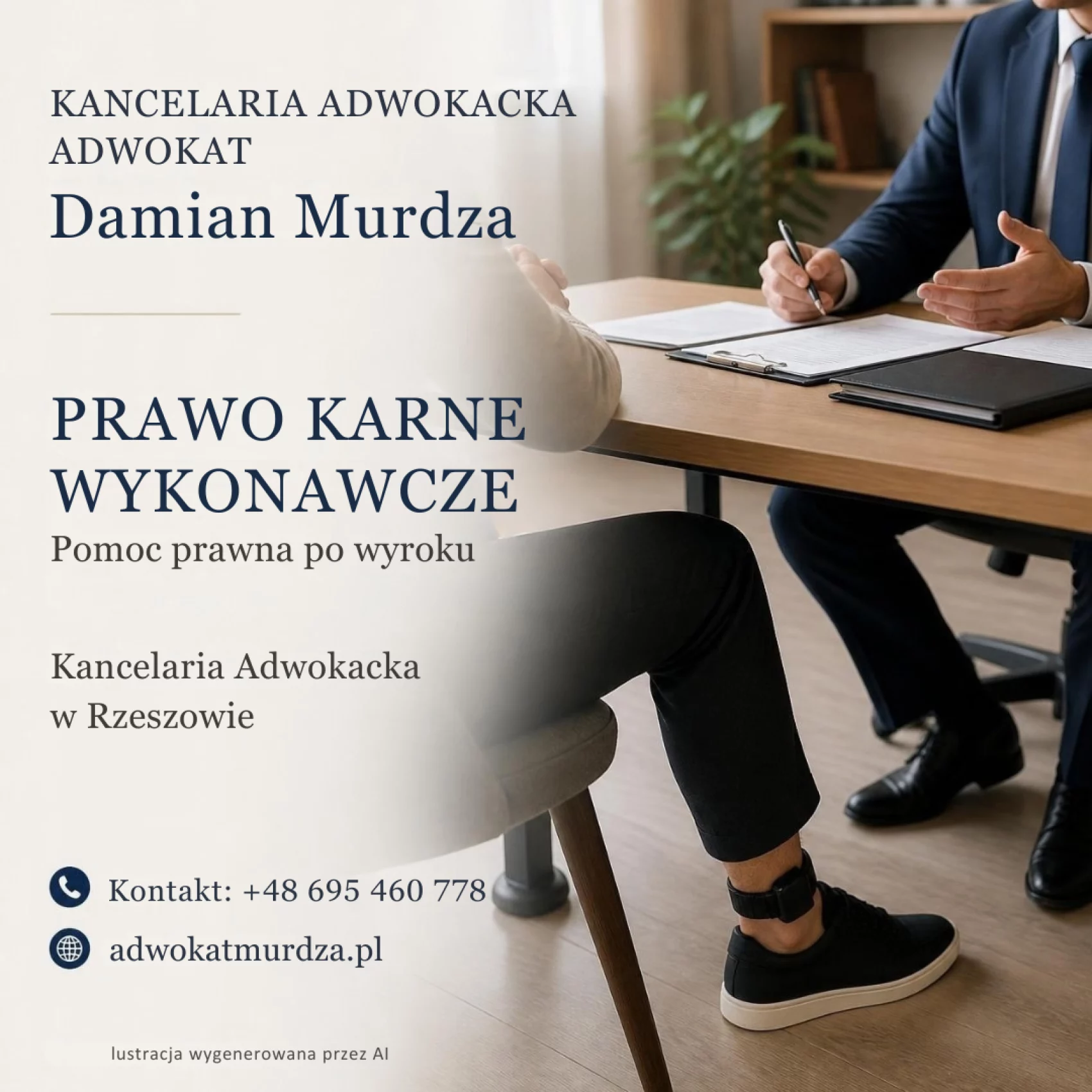 Prawo karne wykonawcze – pomoc prawna po wyroku w Rzeszowie. Ilustracja AI przedstawiająca konsultację z klientem noszącym opaskę dozoru elektronicznego.