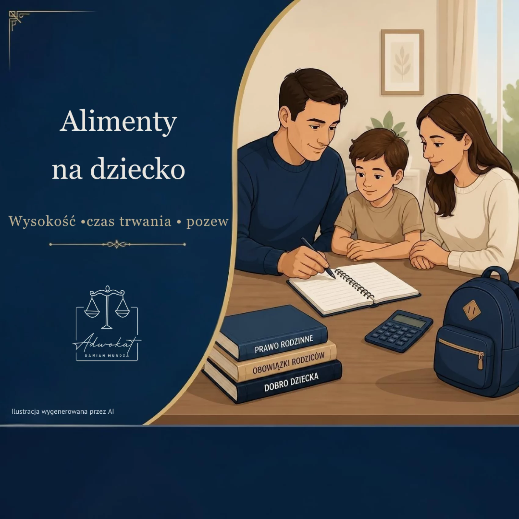 Alimenty na dziecko – wysokość, czas trwania i pozew. Ilustracja rodziców z dzieckiem przy stole z książkami i kalkulatorem.