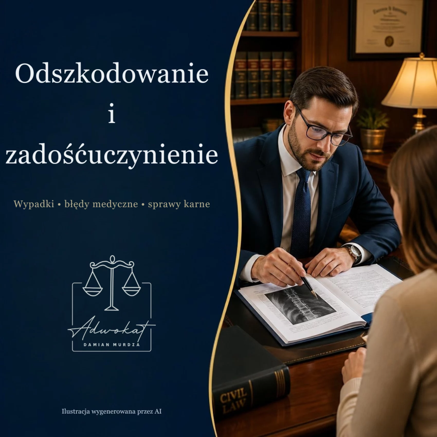 Odszkodowanie i zadośćuczynienie; Adwokat Rzeszów Grafika ilustrująca pomoc prawną w zakresie odszkodowań i zadośćuczynień. Adwokat i klientka analizują dokumenty medyczne (zdjęcie RTG) przy biurku w gabinecie. Po lewej stronie widoczny granatowy panel z białym napisem „Odszkodowanie i zadośćuczynienie”, złotym dopiskiem „Wypadki • błędy medyczne • sprawy karne” oraz logo Kancelarii Adwokackiej Damian Murdza.