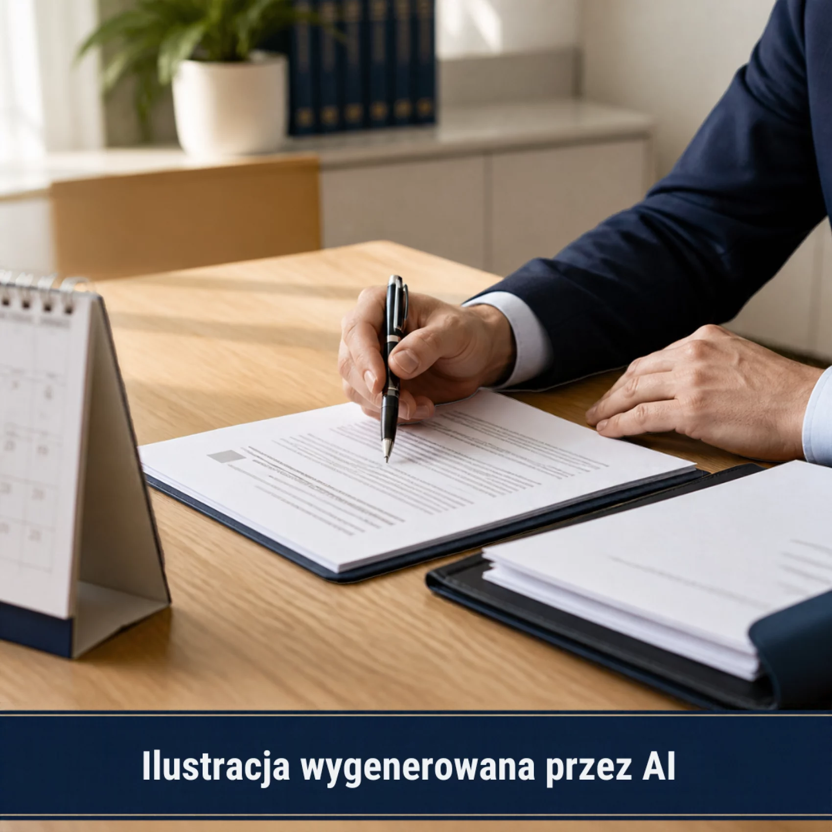 Osoba w granatowej marynarce analizuje dokumenty przy biurku z kalendarzem. Ilustracja wygenerowana przez AI.