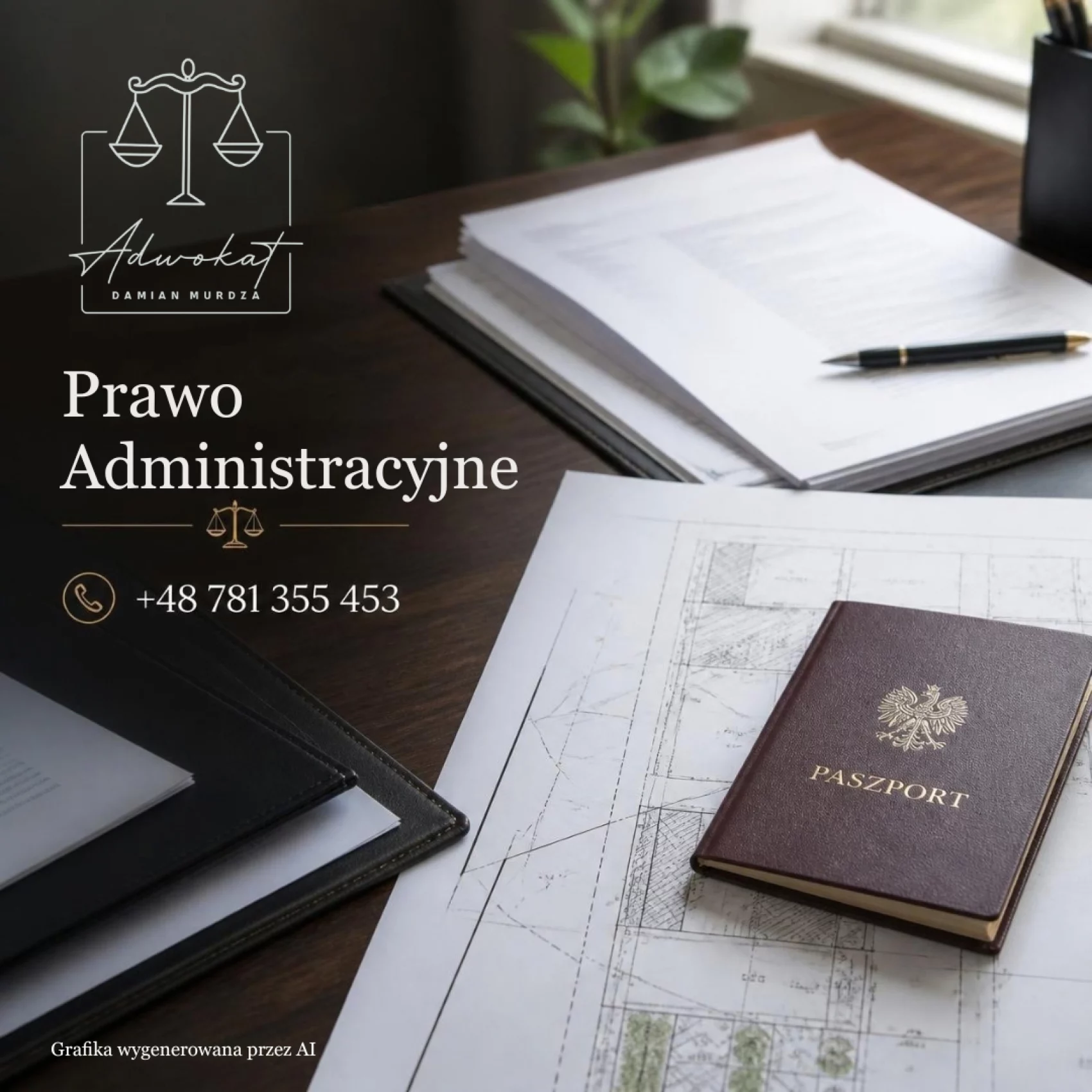 Prawo administracyjne – Adwokat Damian Murdza, tel. +48 781 355 453. Grafika wygenerowana przez AI.