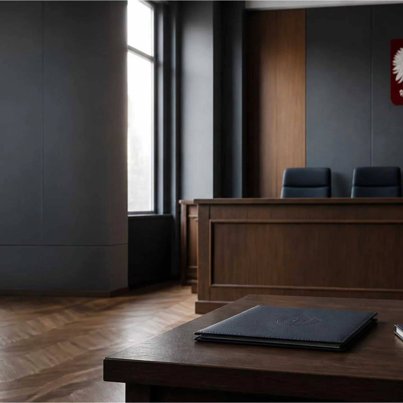 Pusta sala rozpraw ilustrująca pomoc adwokata w sprawach karnych w Rzeszowie