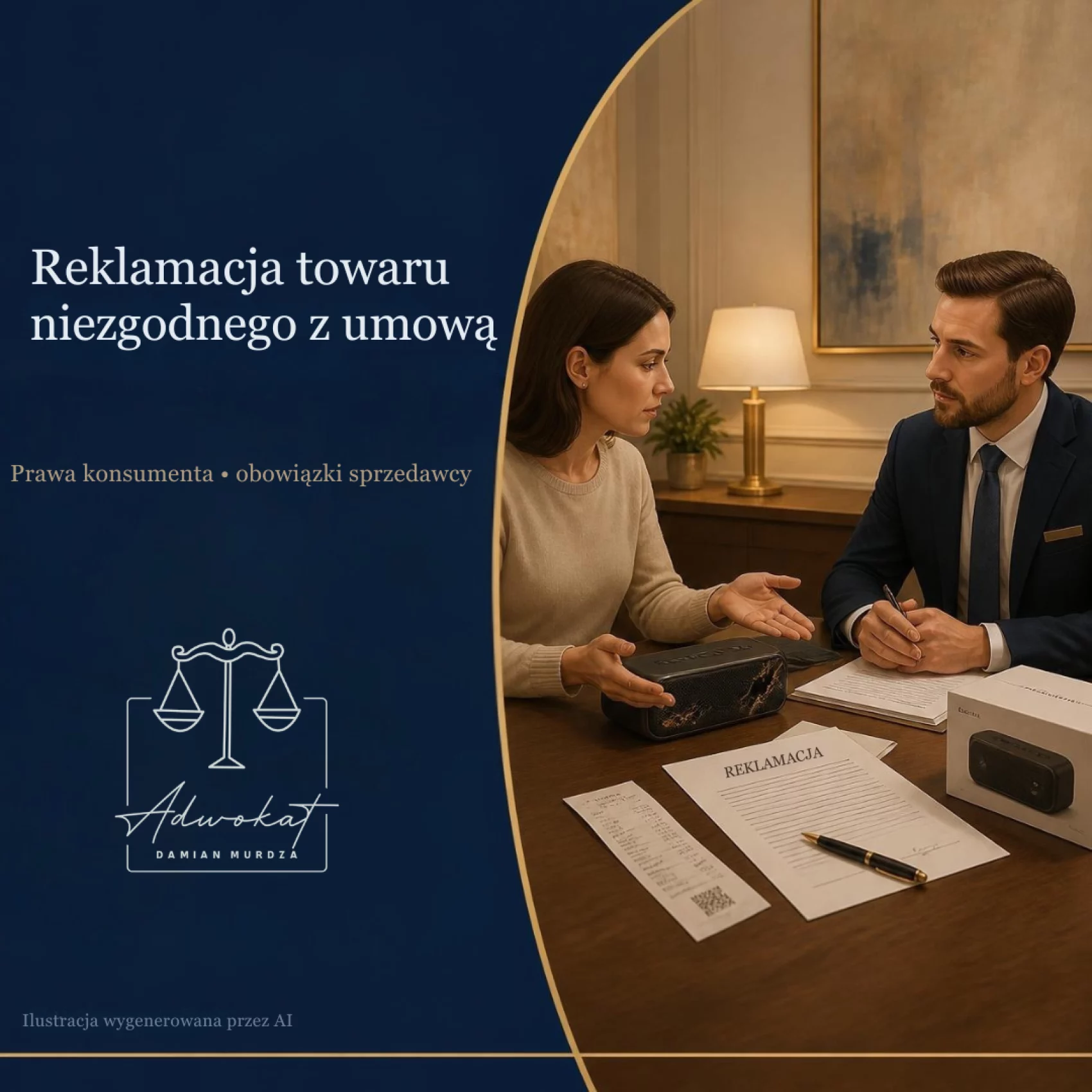 Ilustracja artykułu o reklamacji towaru – klientka konsultuje z adwokatem reklamację uszkodzonego sprzętu.