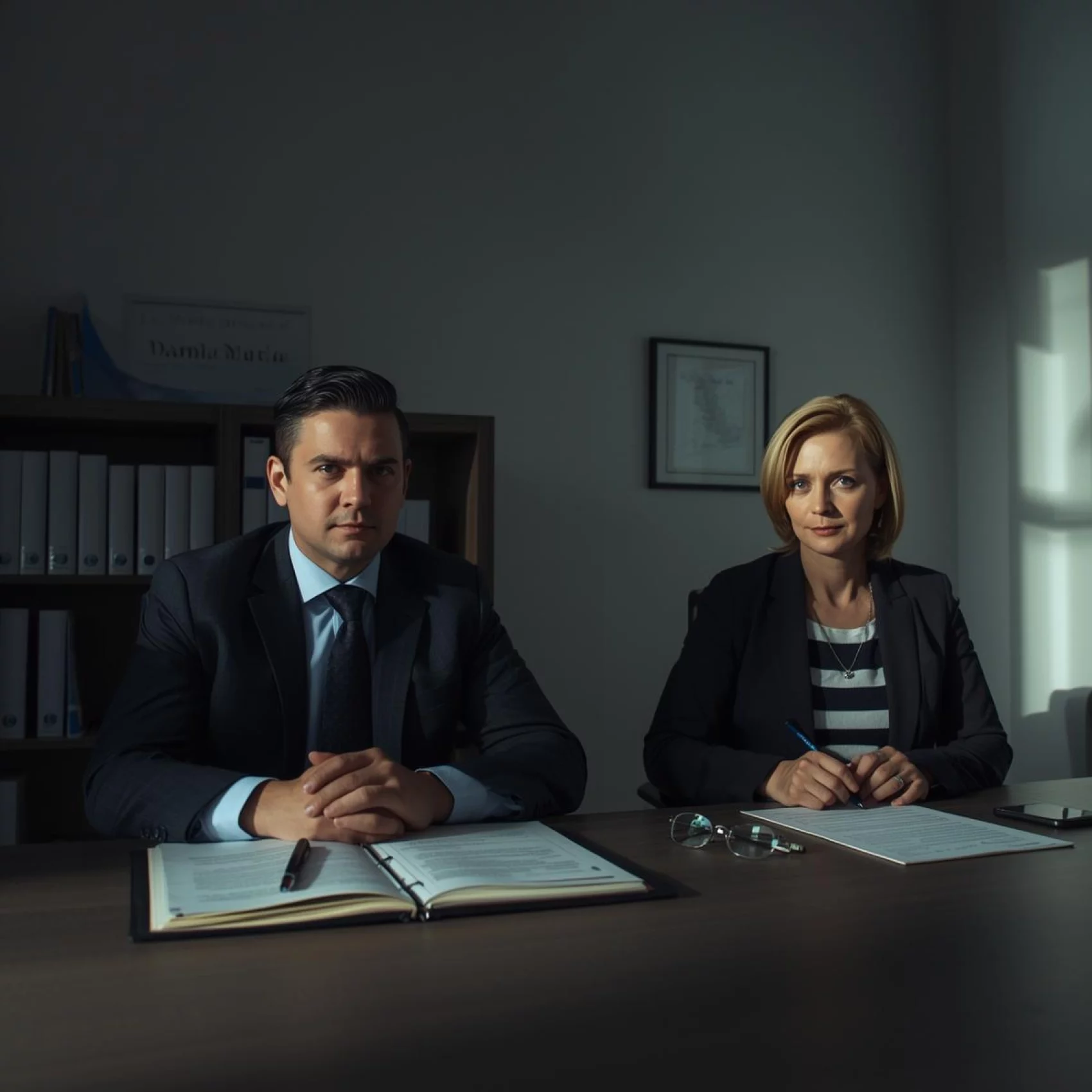 Adwokat w Rzeszowie prowadzący spotkanie z Klientem w kancelarii – omówienie strategii postępowania i reprezentacji sądowej. Profesjonalna atmosfera, dokumenty i kodeks na biurku, symbol zaufania i rzetelnej pomocy prawnej.