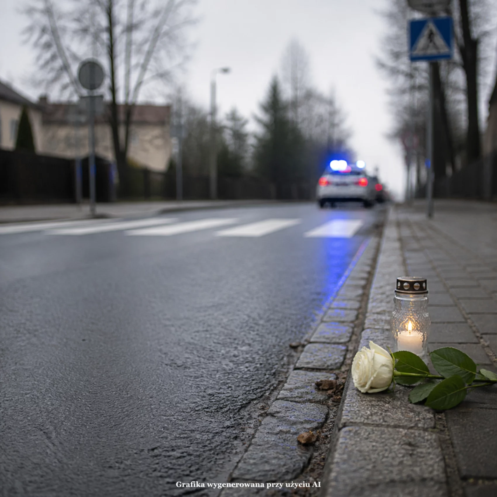 Śmierć bliskiego w wypadku drogowym – adwokat Damian Murdza, Rzeszów Zapalony znicz i biała róża przy przejściu dla pieszych, w tle radiowóz z niebieskimi światłami. Grafika AI.