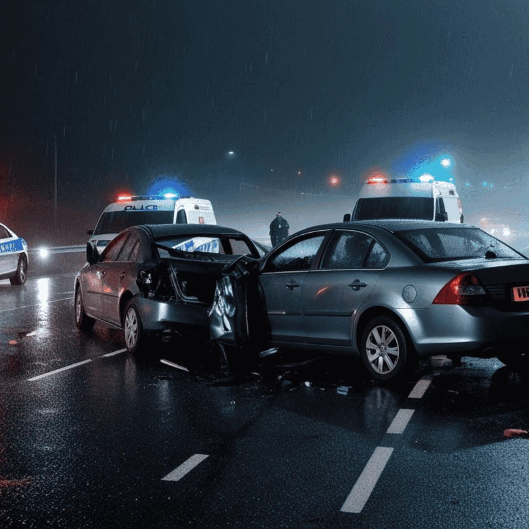 Wypadek drogowy – miejsce zdarzenia z udziałem dwóch uszkodzonych pojazdów, oświetlone światłami służb ratunkowych.