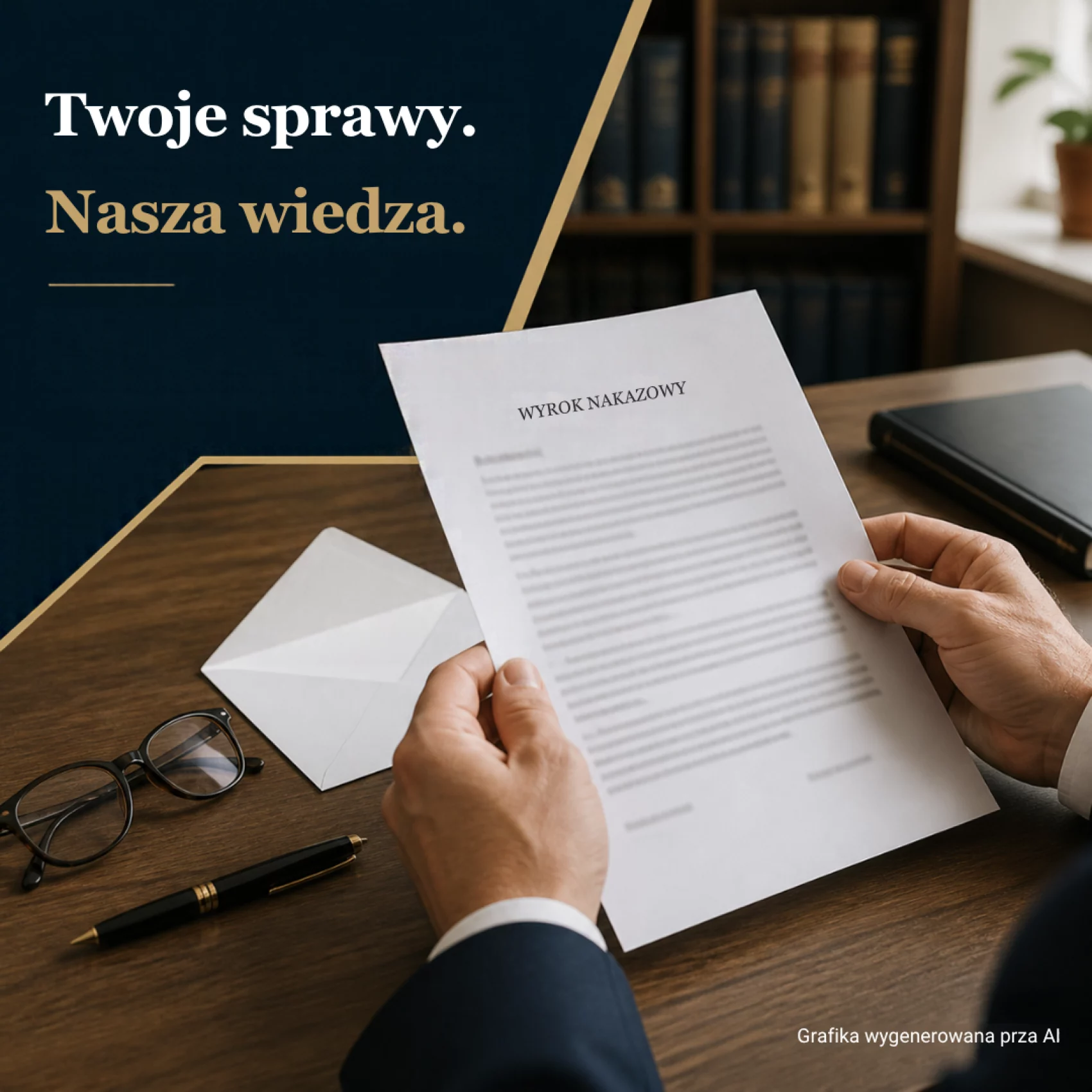 Osoba czytająca wyrok nakazowy przy biurku z kopertą, okularami i długopisem.